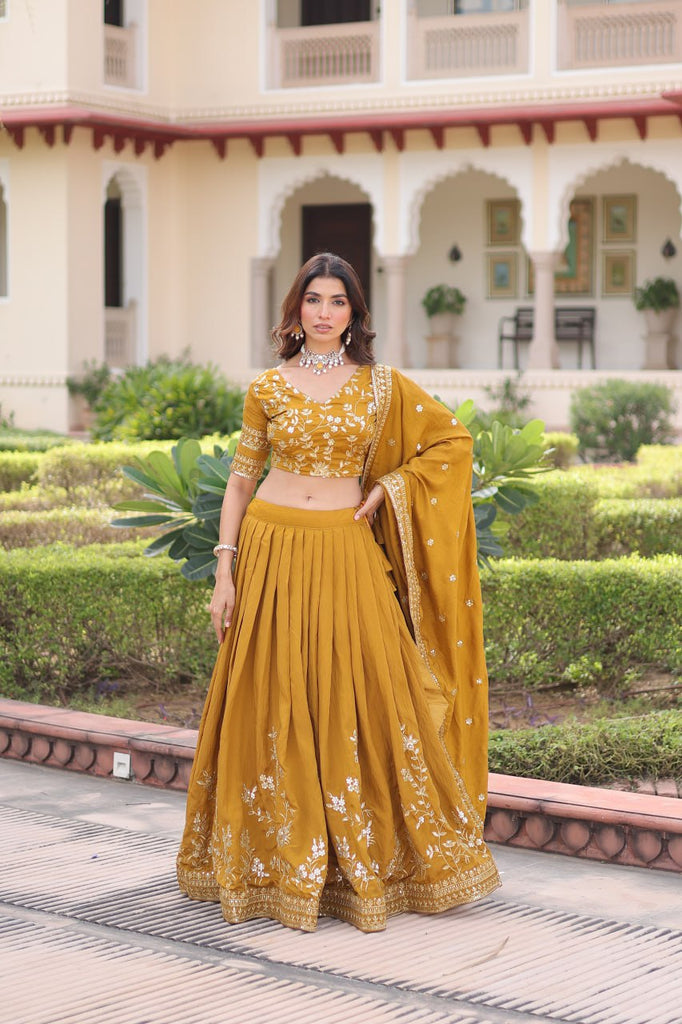 Yellow Designer Vichitra Silk Sequins & Zari Embroidered Lehenga Choli Set with Matching Dupatta – Fully Stitched Festive & Wedding Wear Ensemble