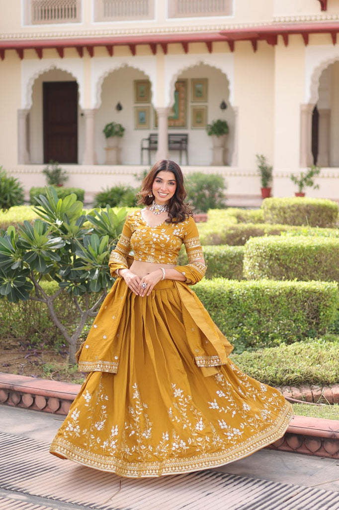 Yellow Designer Vichitra Silk Sequins & Zari Embroidered Lehenga Choli Set with Matching Dupatta – Fully Stitched Festive & Wedding Wear Ensemble
