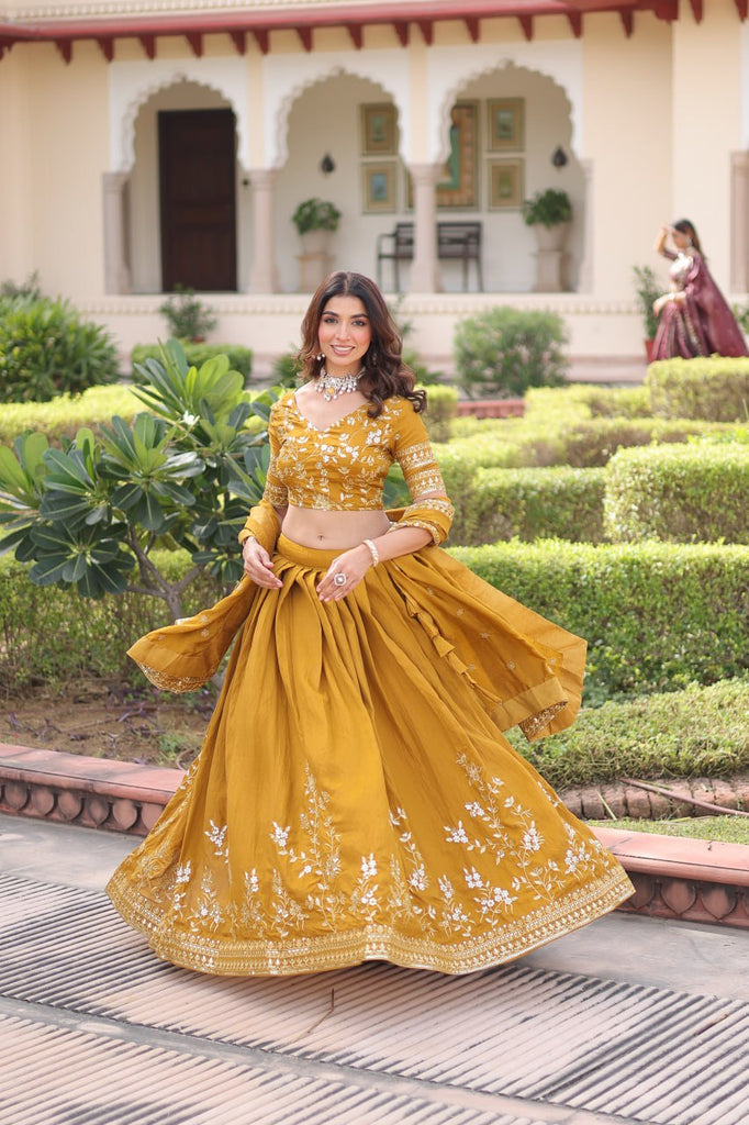 Yellow Designer Vichitra Silk Sequins & Zari Embroidered Lehenga Choli Set with Matching Dupatta – Fully Stitched Festive & Wedding Wear Ensemble