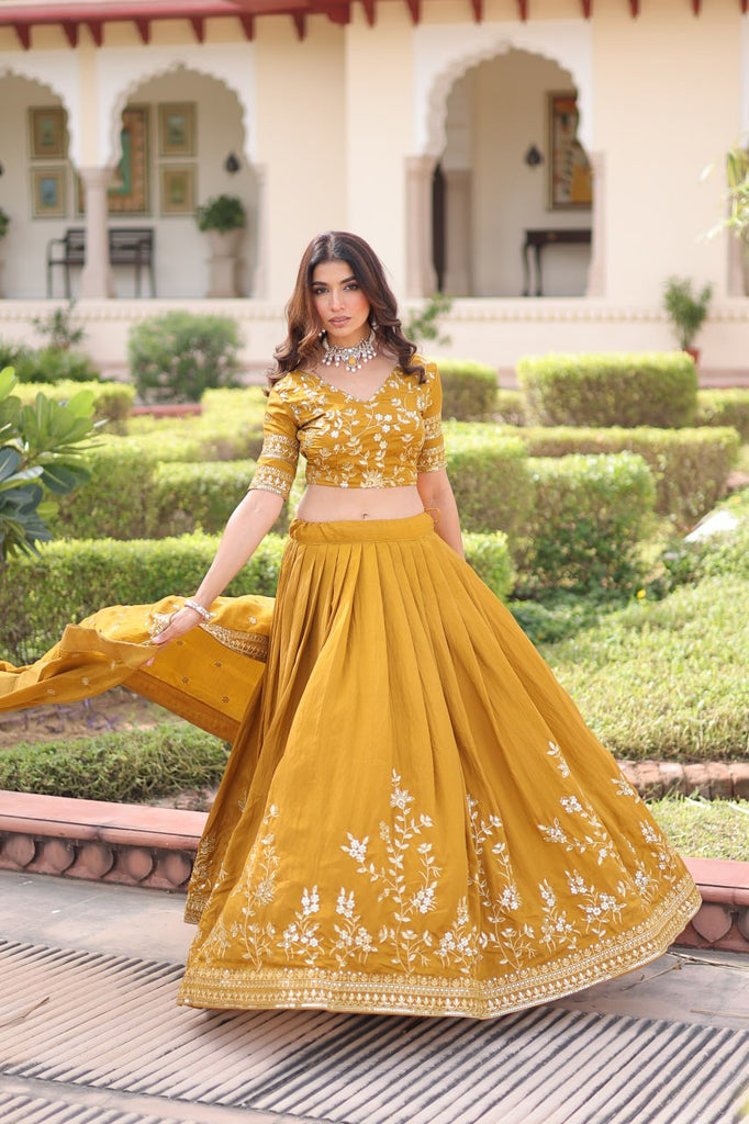 Yellow Designer Vichitra Silk Sequins & Zari Embroidered Lehenga Choli Set with Matching Dupatta – Fully Stitched Festive & Wedding Wear Ensemble