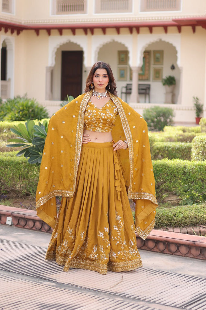 Yellow Designer Vichitra Silk Sequins & Zari Embroidered Lehenga Choli Set with Matching Dupatta – Fully Stitched Festive & Wedding Wear Ensemble