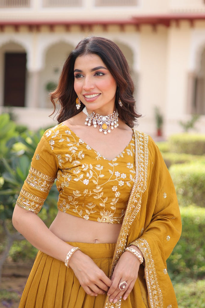 Yellow Designer Vichitra Silk Sequins & Zari Embroidered Lehenga Choli Set with Matching Dupatta – Fully Stitched Festive & Wedding Wear Ensemble