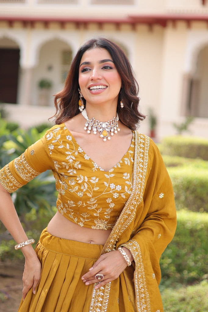Yellow Designer Vichitra Silk Sequins & Zari Embroidered Lehenga Choli Set with Matching Dupatta – Fully Stitched Festive & Wedding Wear Ensemble