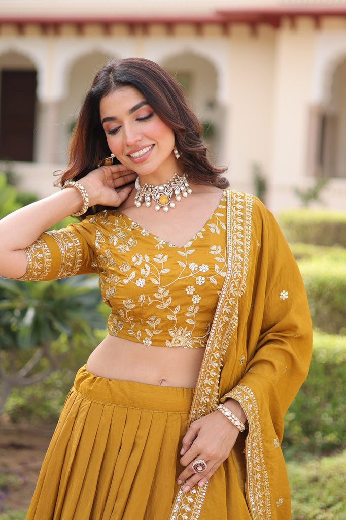 Yellow Designer Vichitra Silk Sequins & Zari Embroidered Lehenga Choli Set with Matching Dupatta – Fully Stitched Festive & Wedding Wear Ensemble