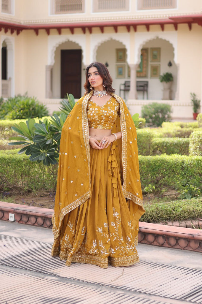 Yellow Designer Vichitra Silk Sequins & Zari Embroidered Lehenga Choli Set with Matching Dupatta – Fully Stitched Festive & Wedding Wear Ensemble