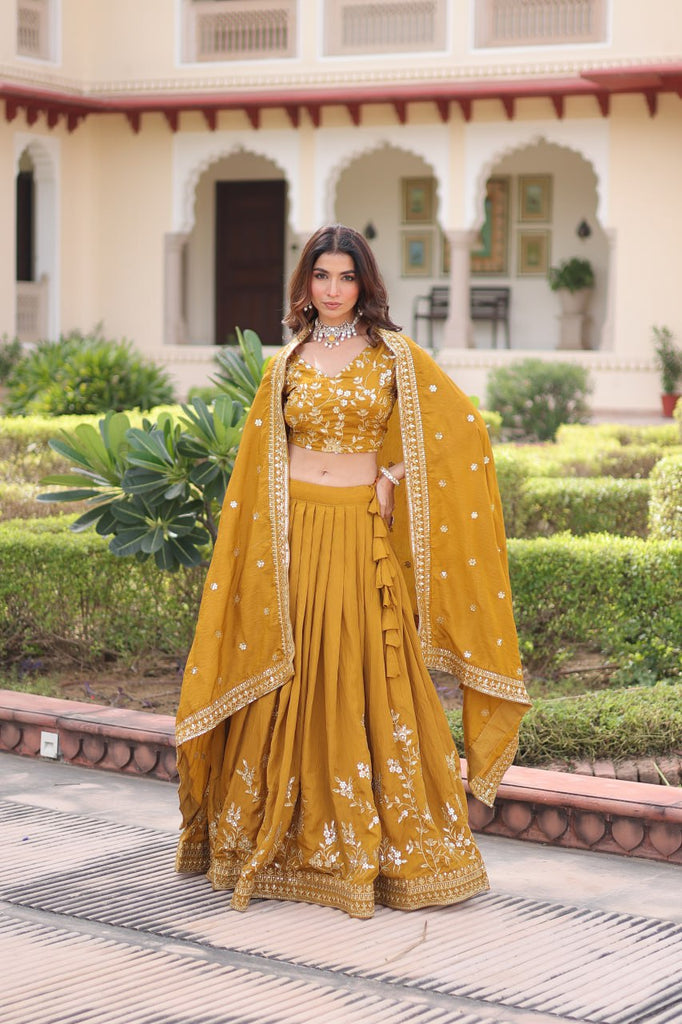 Yellow Designer Vichitra Silk Sequins & Zari Embroidered Lehenga Choli Set with Matching Dupatta – Fully Stitched Festive & Wedding Wear Ensemble