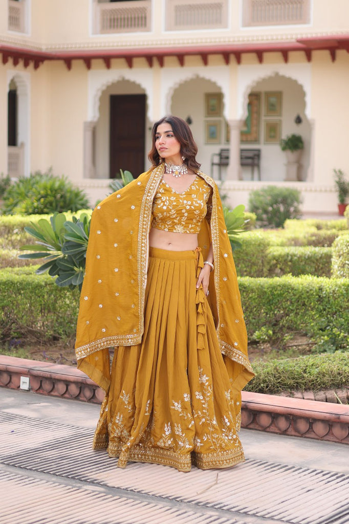 Yellow Designer Vichitra Silk Sequins & Zari Embroidered Lehenga Choli Set with Matching Dupatta – Fully Stitched Festive & Wedding Wear Ensemble