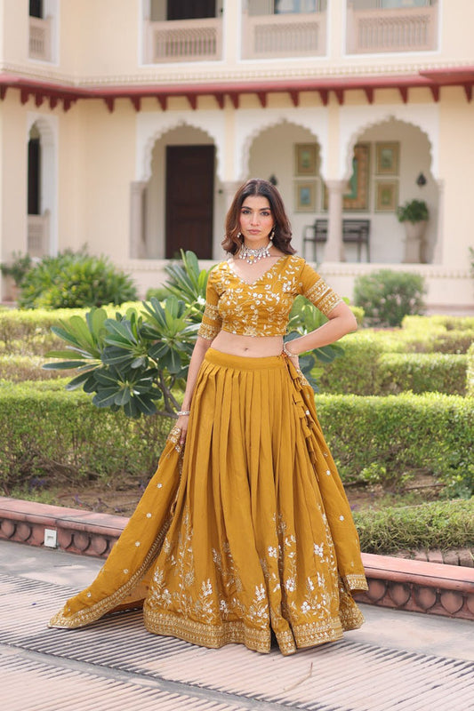 Yellow Designer Vichitra Silk Sequins & Zari Embroidered Lehenga Choli Set with Matching Dupatta – Fully Stitched Festive & Wedding Wear Ensemble