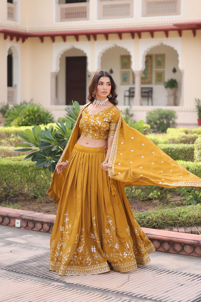 Yellow Designer Vichitra Silk Sequins & Zari Embroidered Lehenga Choli Set with Matching Dupatta – Fully Stitched Festive & Wedding Wear Ensemble