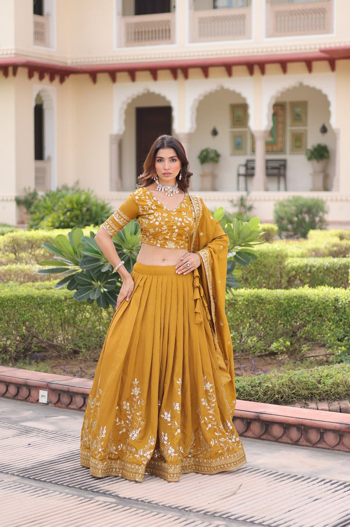 Yellow Designer Vichitra Silk Sequins & Zari Embroidered Lehenga Choli Set with Matching Dupatta – Fully Stitched Festive & Wedding Wear Ensemble