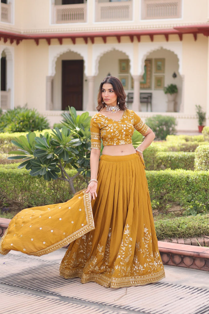 Yellow Designer Vichitra Silk Sequins & Zari Embroidered Lehenga Choli Set with Matching Dupatta – Fully Stitched Festive & Wedding Wear Ensemble