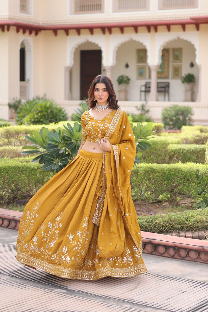 Yellow Designer Vichitra Silk Sequins & Zari Embroidered Lehenga Choli Set with Matching Dupatta – Fully Stitched Festive & Wedding Wear Ensemble