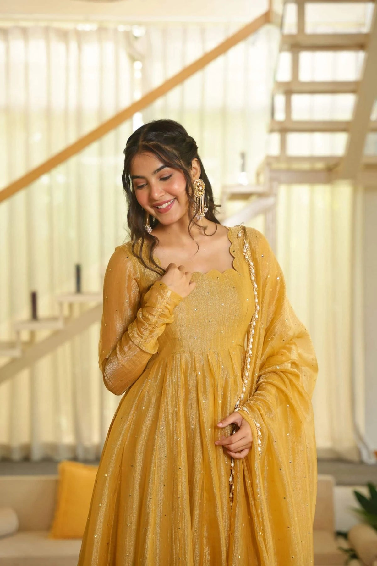 Yellow Embellished Anarkali Suit with Dupatta for Women
