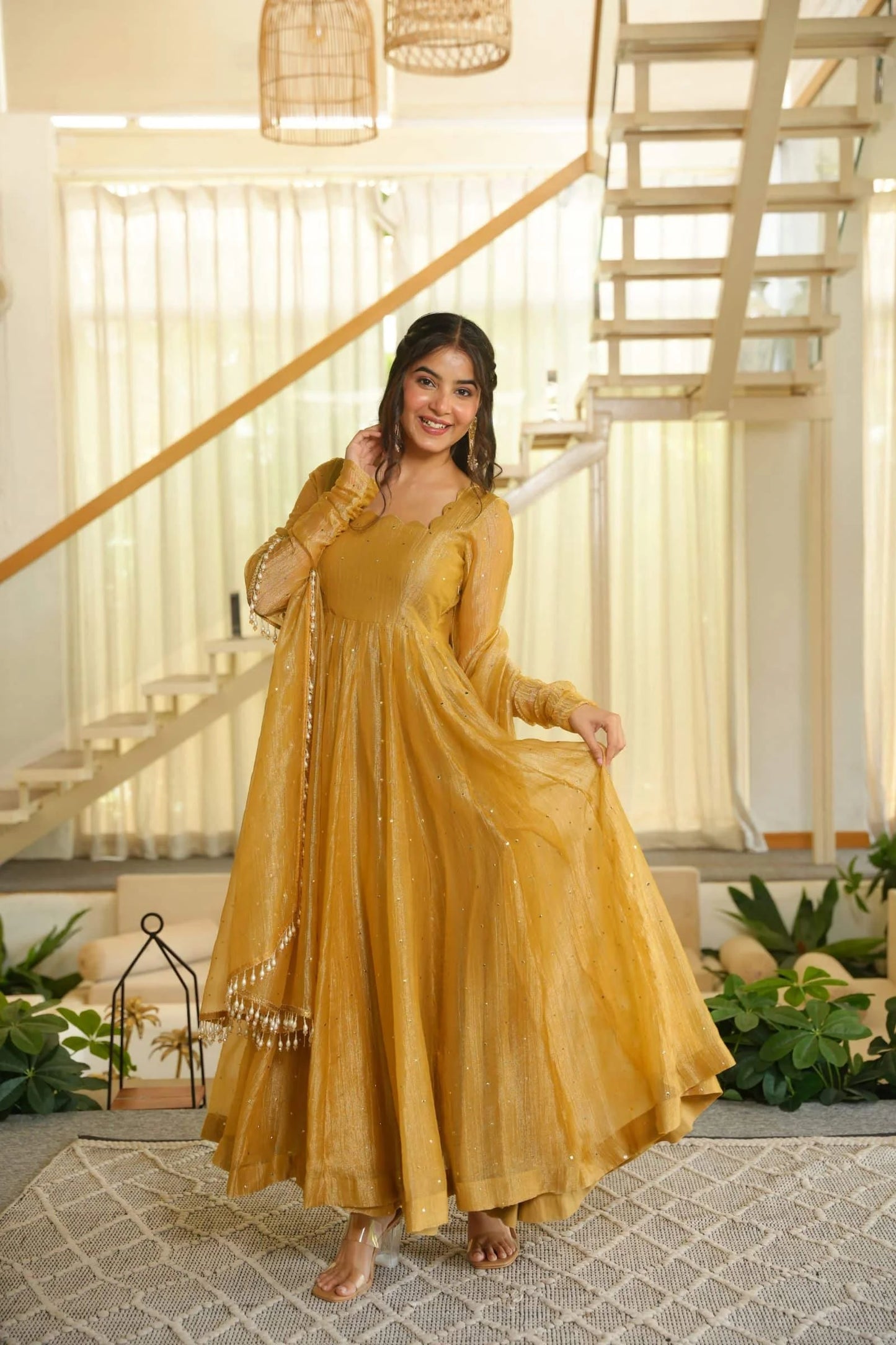 Yellow Embellished Anarkali Suit with Dupatta for Women