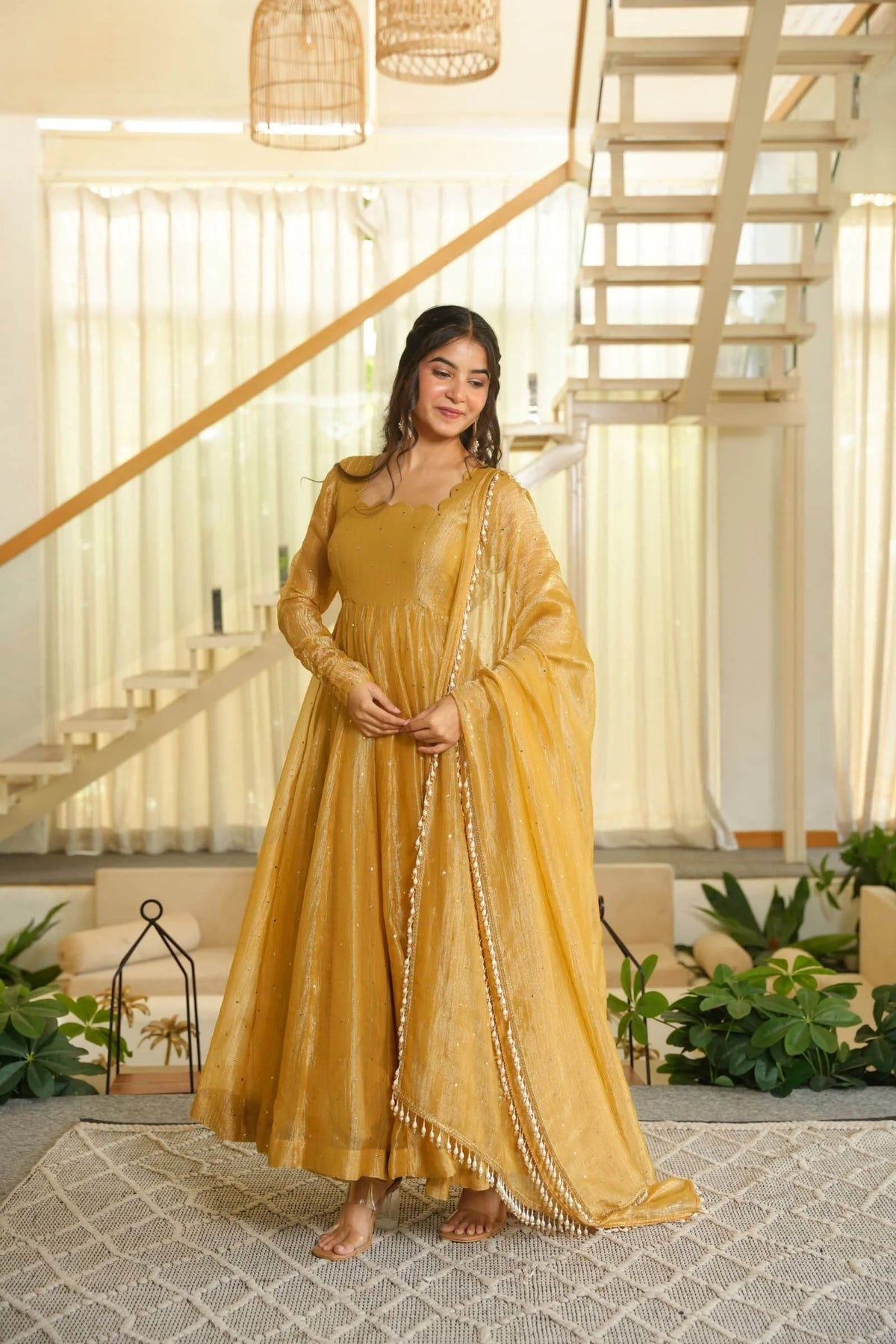 Yellow Embellished Anarkali Suit with Dupatta for Women