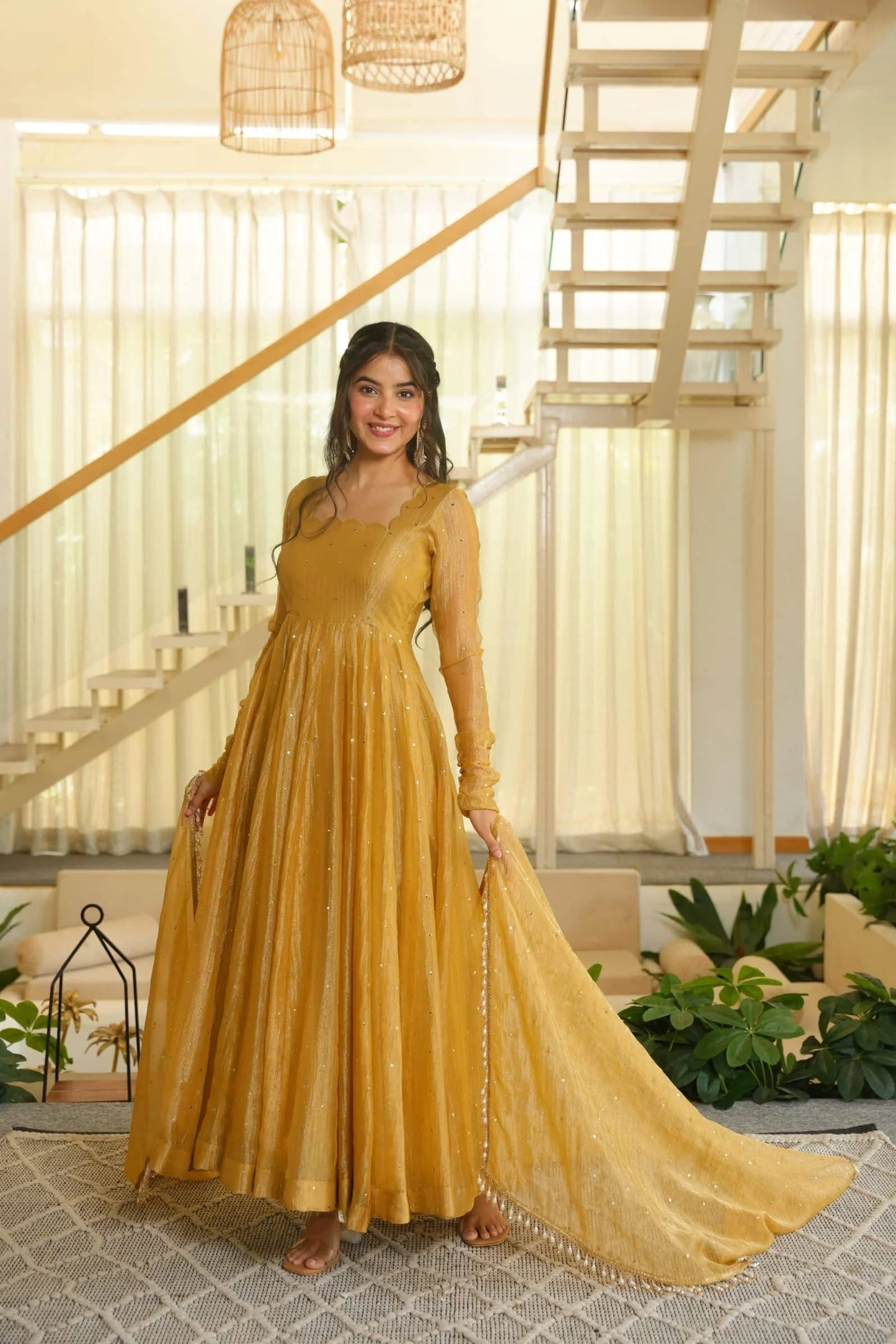 Yellow Embellished Anarkali Suit with Dupatta for Women
