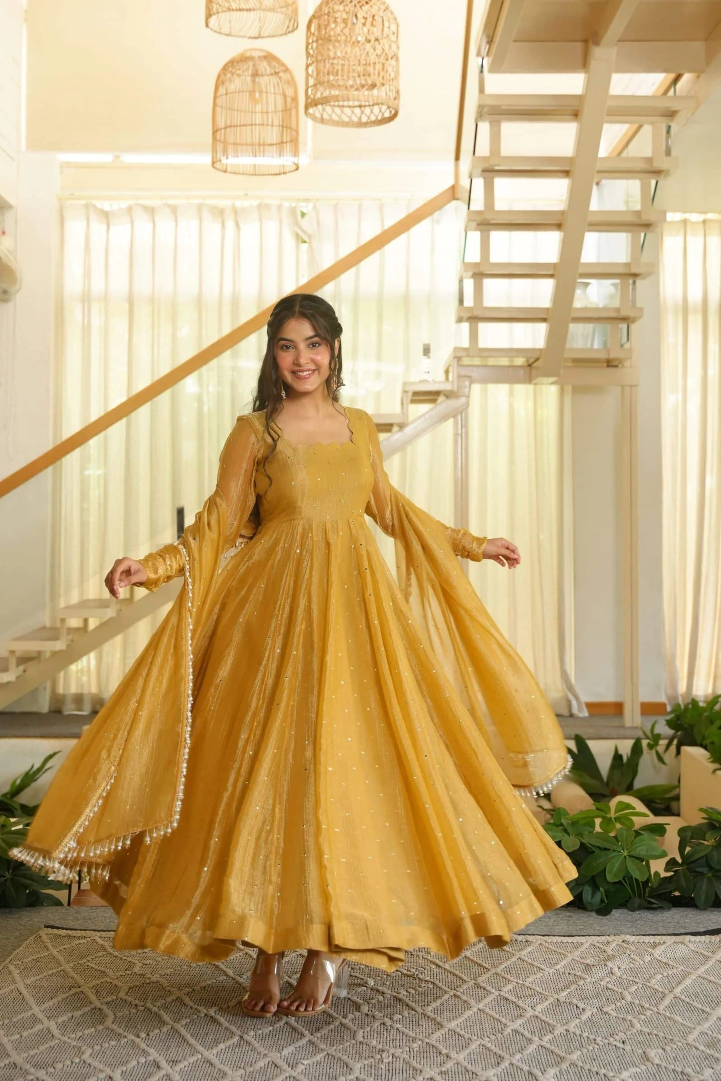 Yellow Embellished Anarkali Suit with Dupatta for Women