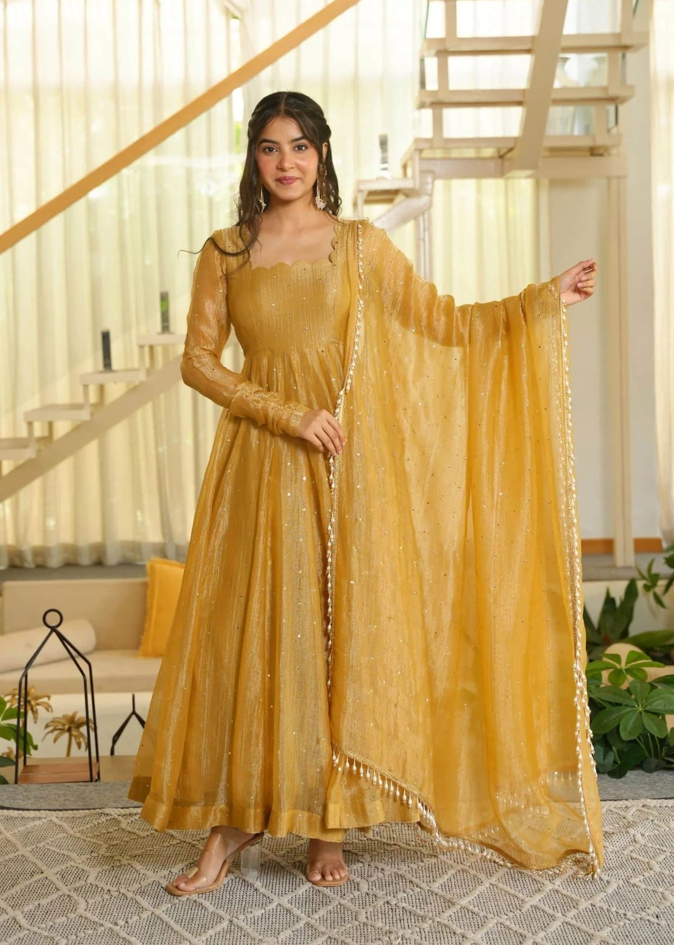 Yellow Embellished Anarkali Suit with Dupatta for Women