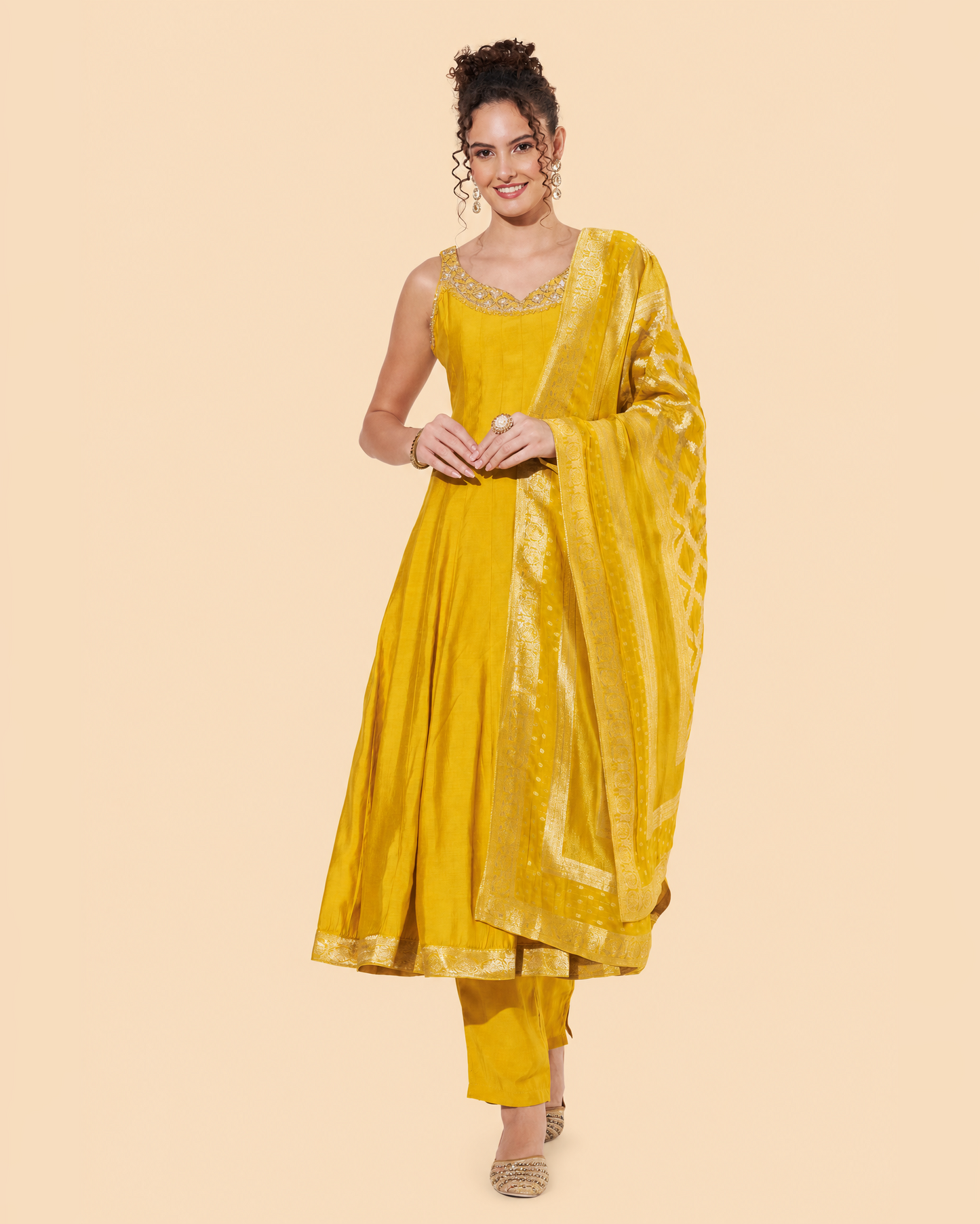 Yellow Embroidered Anarkali Suit with Zari Dupatta for Haldi