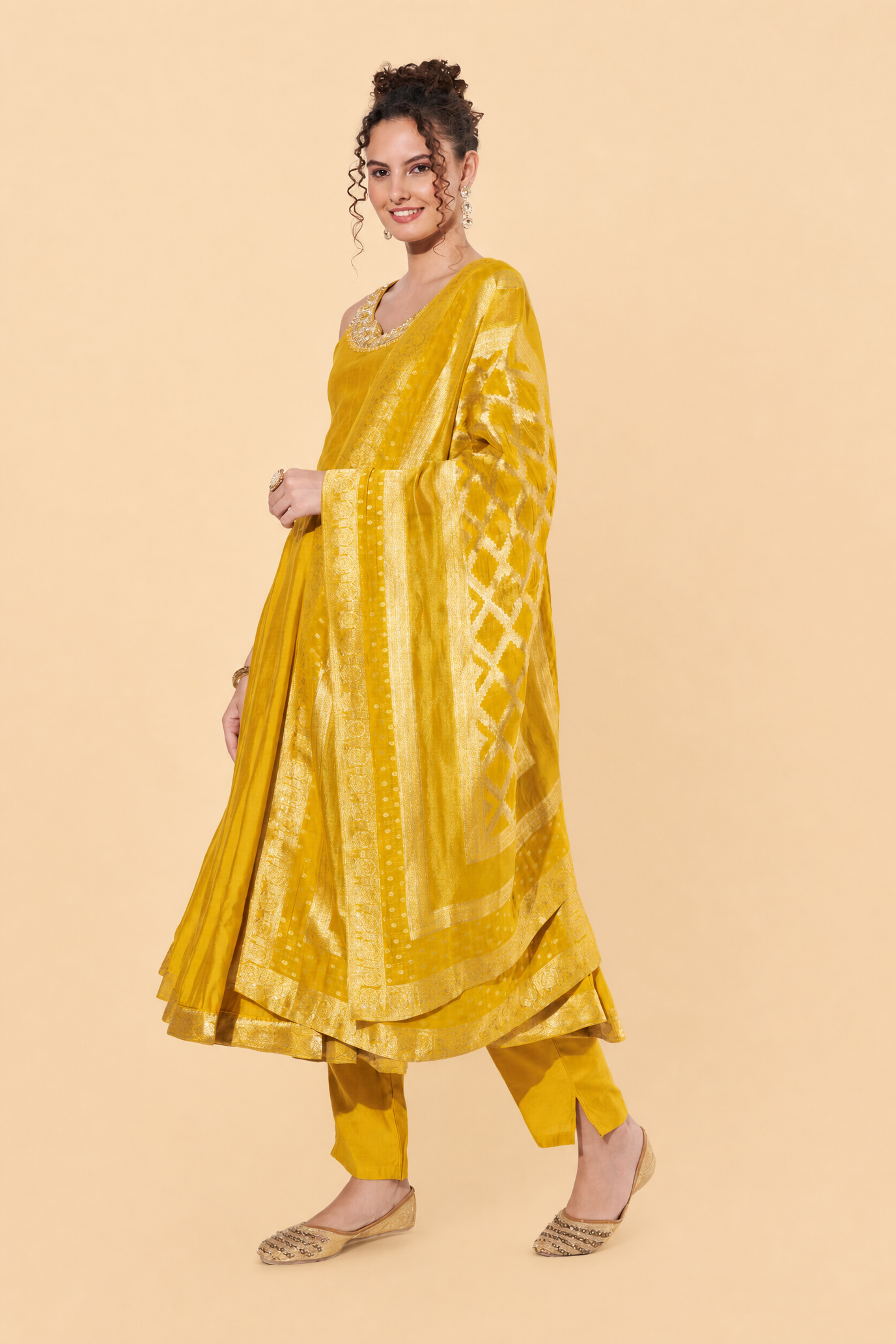Yellow Embroidered Anarkali Suit with Zari Dupatta for Haldi