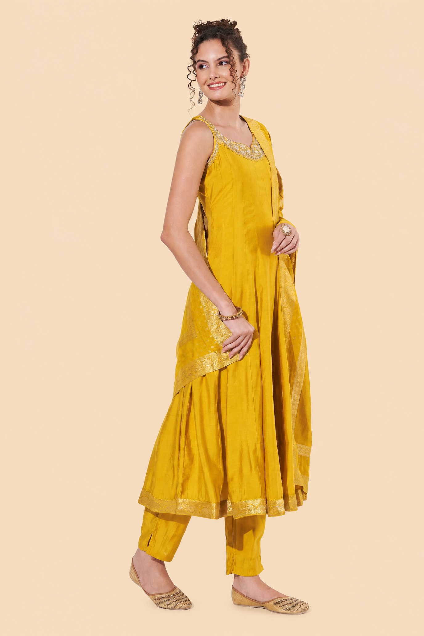 Yellow Embroidered Anarkali Suit with Zari Dupatta for Haldi