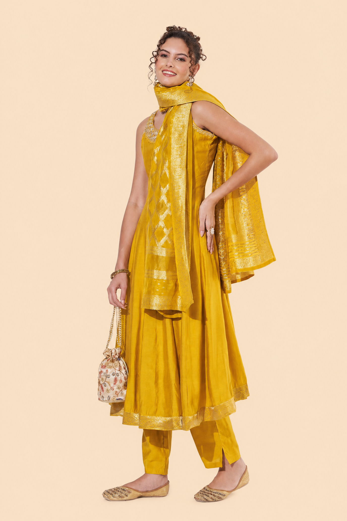 Yellow Embroidered Anarkali Suit with Zari Dupatta for Haldi