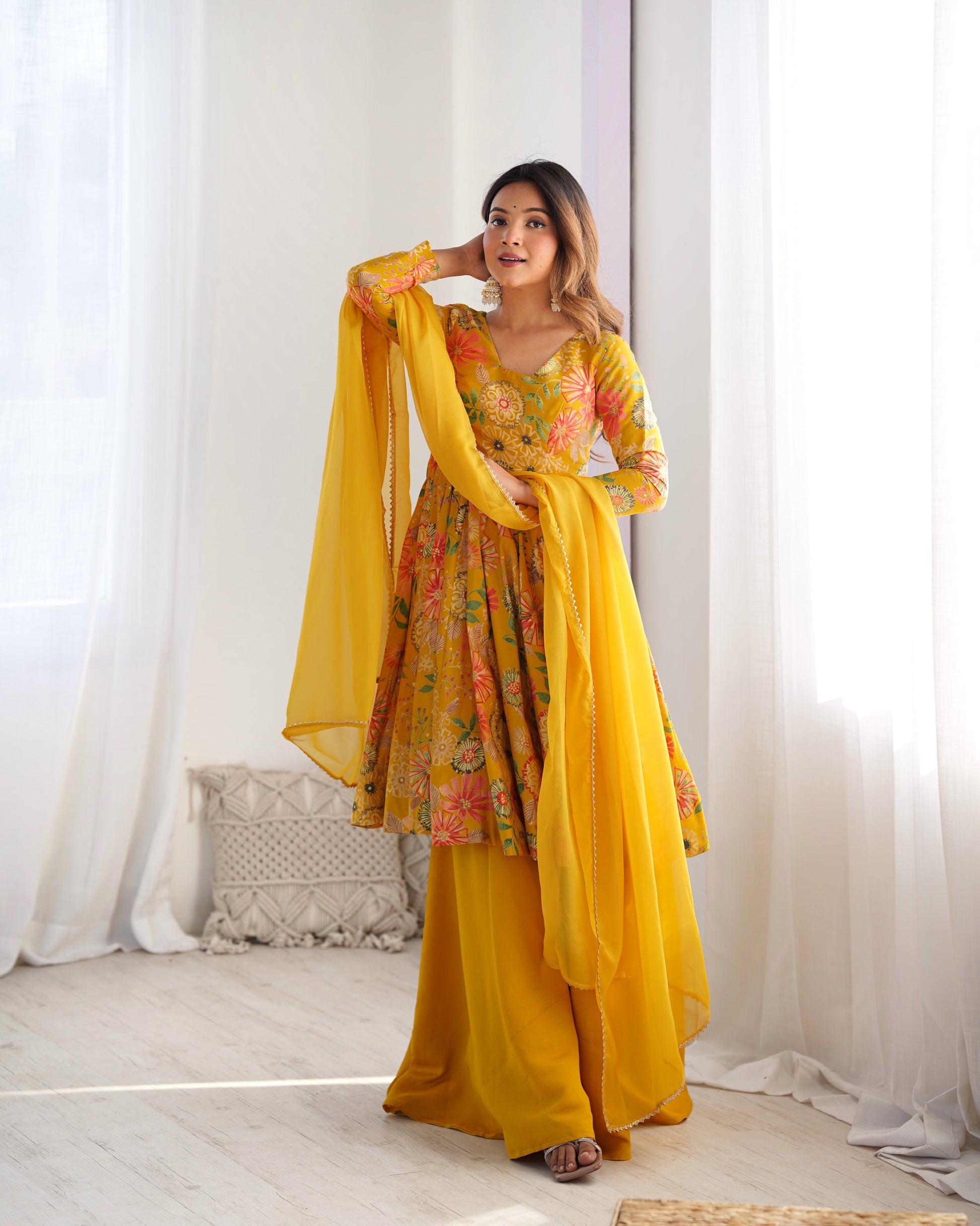yellow anarkali kurta with palazzo 
